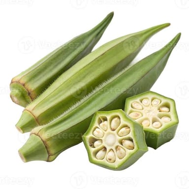 Green okra pods, including a sliced pod showing its seeds.