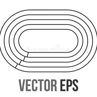 An oval running track with marked lanes and curved ends