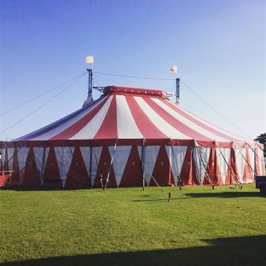 A large striped circus tent used as a big top.