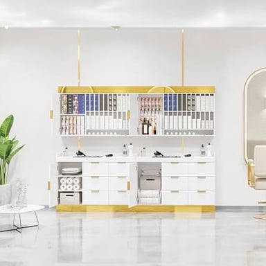 Hair-styling gel containers displayed in a salon