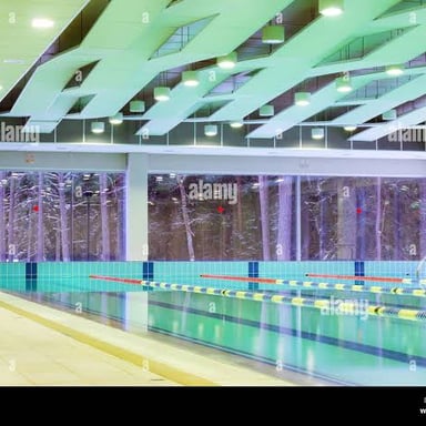 A swimming pool divided into lanes for lap swimming.