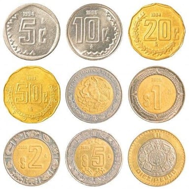 Mexican peso coins and banknotes arranged together.