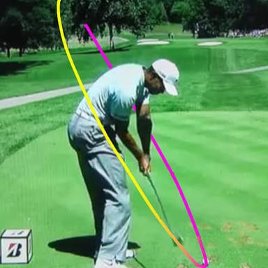 A golfer swinging a club through a curved path.