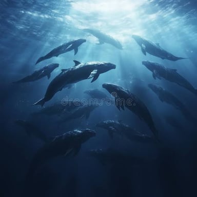 Several whales swimming together as a group.