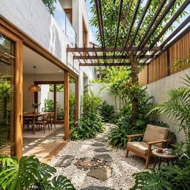 An open, sunlit central courtyard surrounded by the interior of a building.