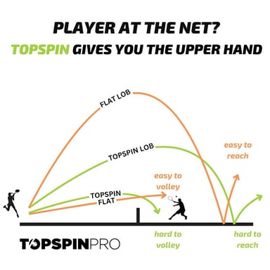 A tennis ball follows a high arc over a player near the net.