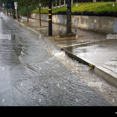 Heavy rain falling steadily onto a street.
