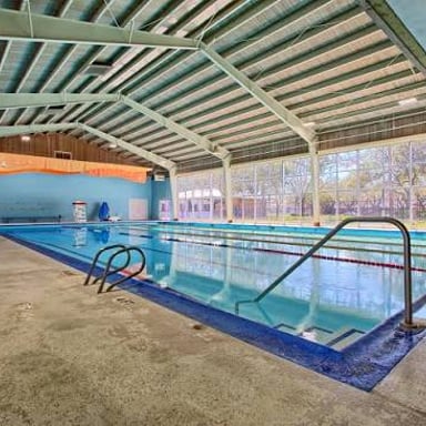 Swimmers using marked lanes in a lap pool.