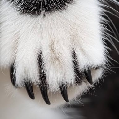 A cat's paws, covered in fur, resting on a surface.