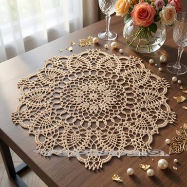 A lace doily showing its fine, openwork pattern.