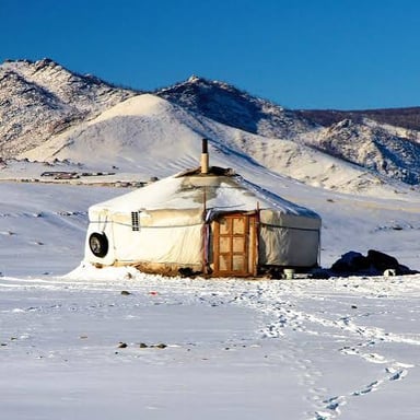 A traditional round Mongolian dwelling with a felt-covered roof.