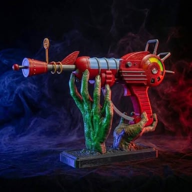 A retro-futuristic ray gun depicted firing a stylized beam.