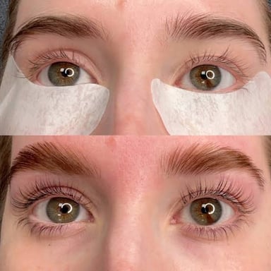 A cosmetic eyelash tint being applied to a person's lashes.