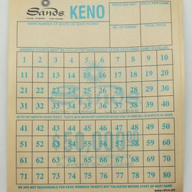 A casino keno display with numbered selections