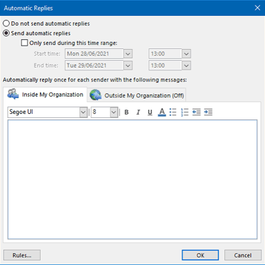 An email interface showing an out-of-office automatic reply.