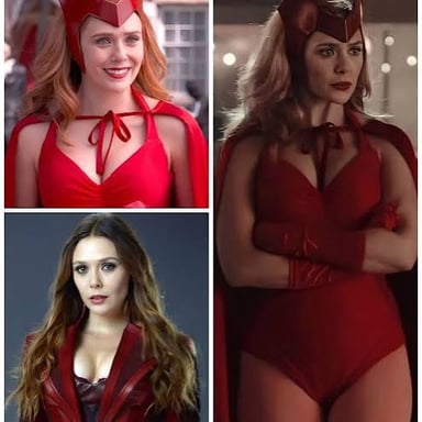 Actor Elizabeth Olsen portraying Wanda Maximoff, the Scarlet Witch, in a Marvel production.