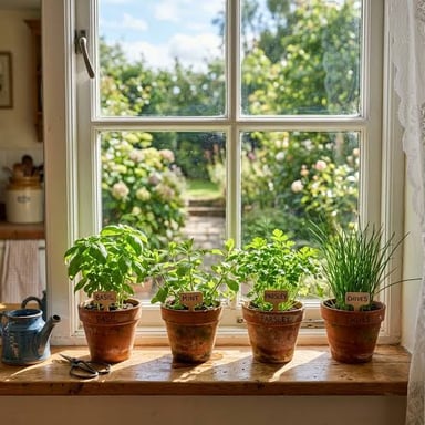 Basil and parsley growing in pots near a kitchen window.