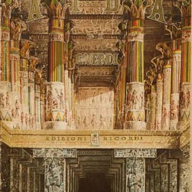 A stage production of Verdi’s opera Aida with ancient Egyptian scenery.