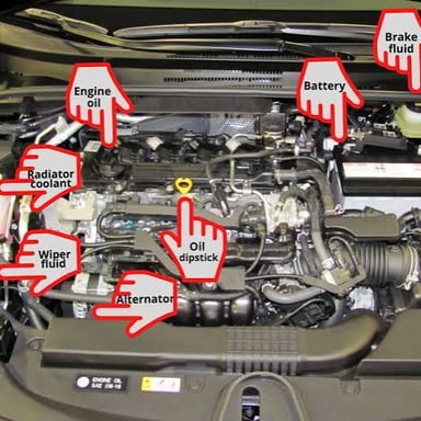 A car engine visible beneath an open hood.