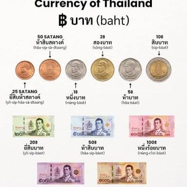 Thai baht banknotes and coins, the currency of Thailand.