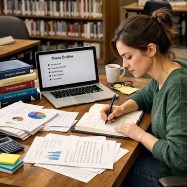 A graduate student working on a research thesis at a desk.