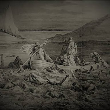 A classical-style depiction of a boat crossing a dark mythological river.