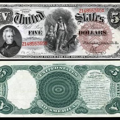 A United States five-dollar bill, the denomination nicknamed a fin or five-spot.