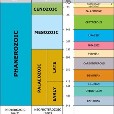 A geologic time scale showing eons divided into smaller eras.
