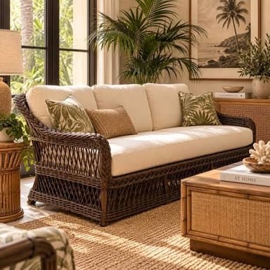 Woven rattan chairs and a table on an open-air lanai.