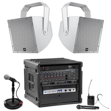 Audio amplifier equipment that boosts signals for a venue’s speakers.