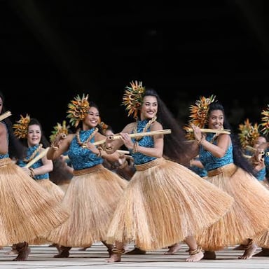 Hula dancers performing at the Merrie Monarch Festival in Hilo, Hawai‘i.