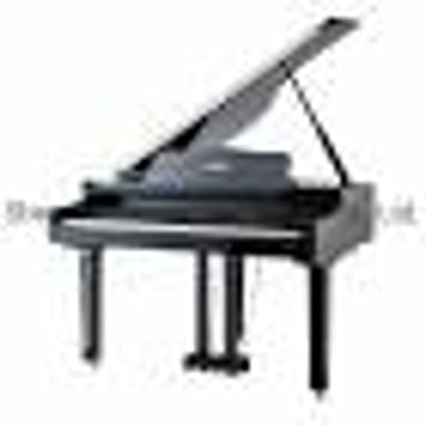 A grand piano supported by its three legs.