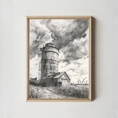 A tall grain silo beside a rural farm.