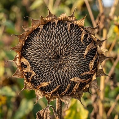 A close-up of a sunflower head with rows of seeds in its center.