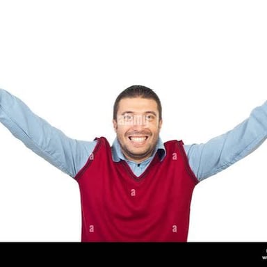An enthusiastic person cheering with raised arms.