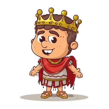 A humorous illustration of an anxious Roman ruler wearing a crown.