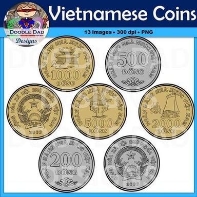 Vietnamese đồng banknotes and coins displayed together.