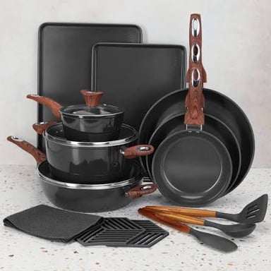 A chef’s assortment of metal cooking pans.