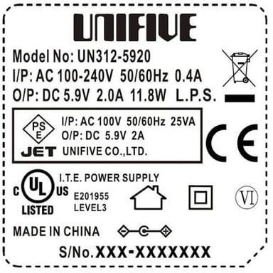 A power adapter labeled AC/DC, referring to alternating-current input and direct-current output.