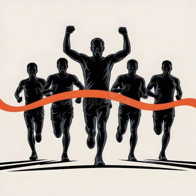 Competitors race toward a finish line, with one in front.