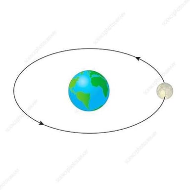 Diagram showing the Moon traveling along an orbit around Earth.