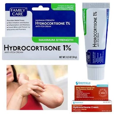 A tube of hydrocortisone cream beside a patch of irritated skin.