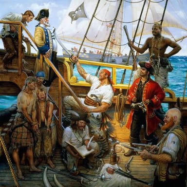 A costumed pirate standing aboard a ship.