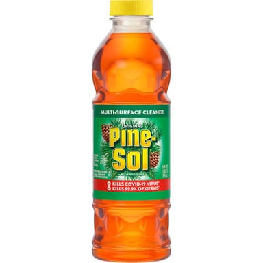 A bottle of Pine-Sol household cleaner, the brand completed by the missing word SOL.