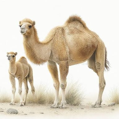 A young camel calf beside an adult camel.