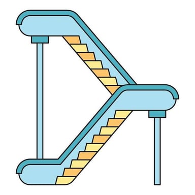 The flat steps of an escalator carry passengers between floors.