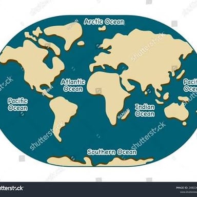 A world map labeling the Pacific, Atlantic, Indian, Southern, and Arctic oceans.