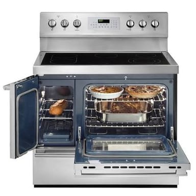 A gas oven and an electric oven illustrate the two sides of the clue’s playful dispute.