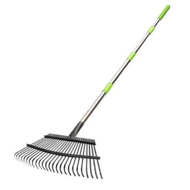 A garden rake with a row of tines attached to a long handle.