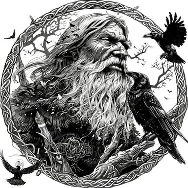 Illustration of Odin, the Norse god and all-father, with symbols associated with him.